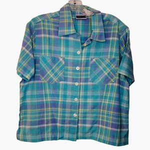 Vintage Turquoise Plaid Erika & Co Button Down Blouse Size L